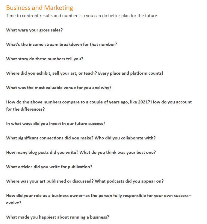 List of questions to ask myself about business and marketing during my annual review of my business and life.